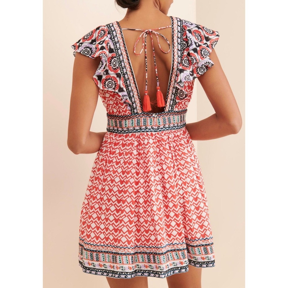 Anthropologie Embroidered Beaded Flutter Sleeve Mini Dress Pink Geometric 16 - Picture 2 of 8